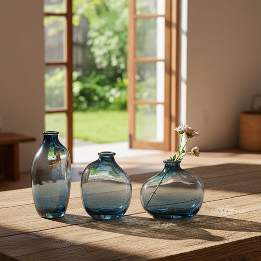 Three blue glass vases on a surface with a blurred background