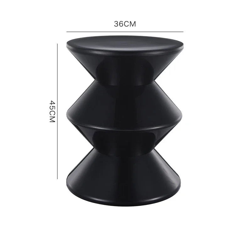 Black geometric stool with dimensions on a white background