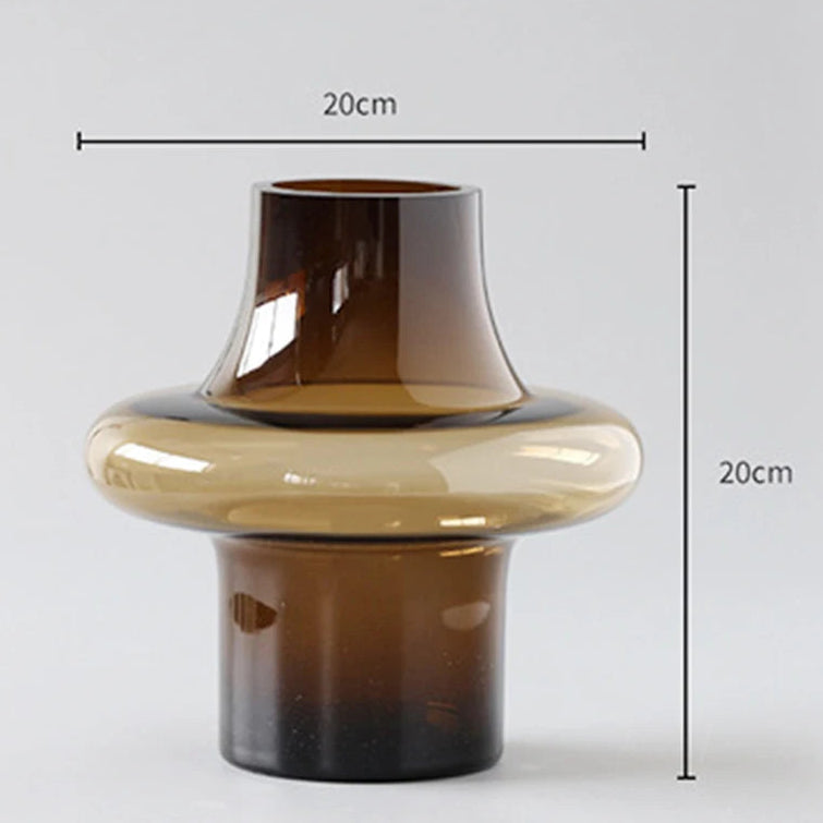 Brown glass vase with dimensions on a light gray background