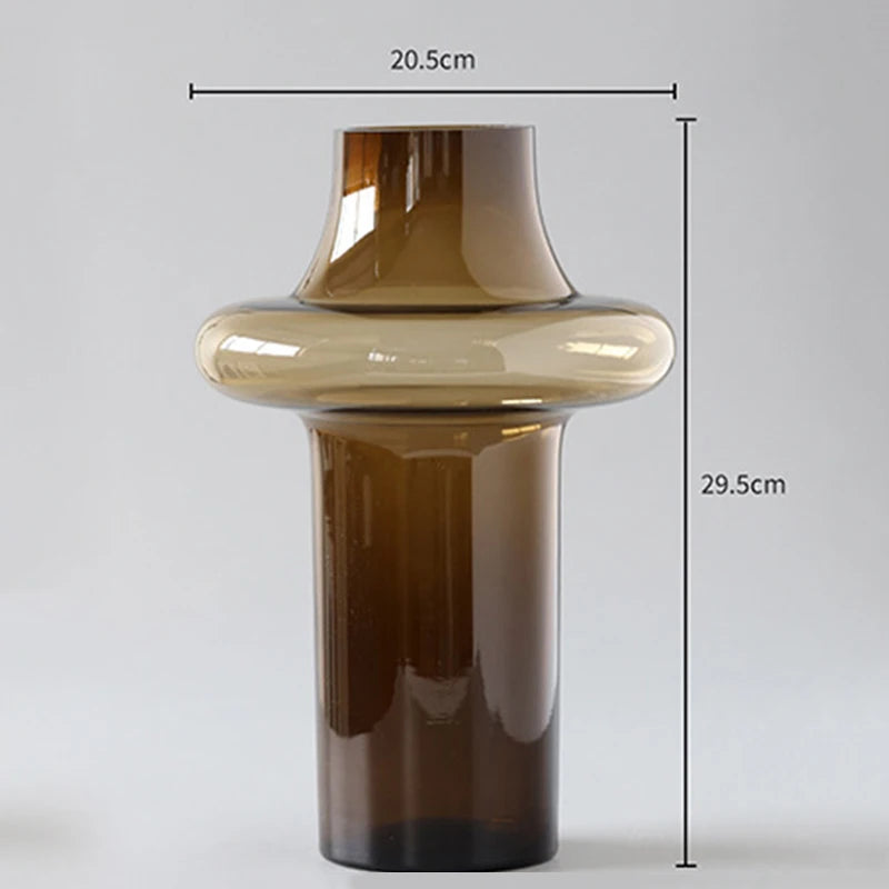 Brown glass vase with measurements on a white background