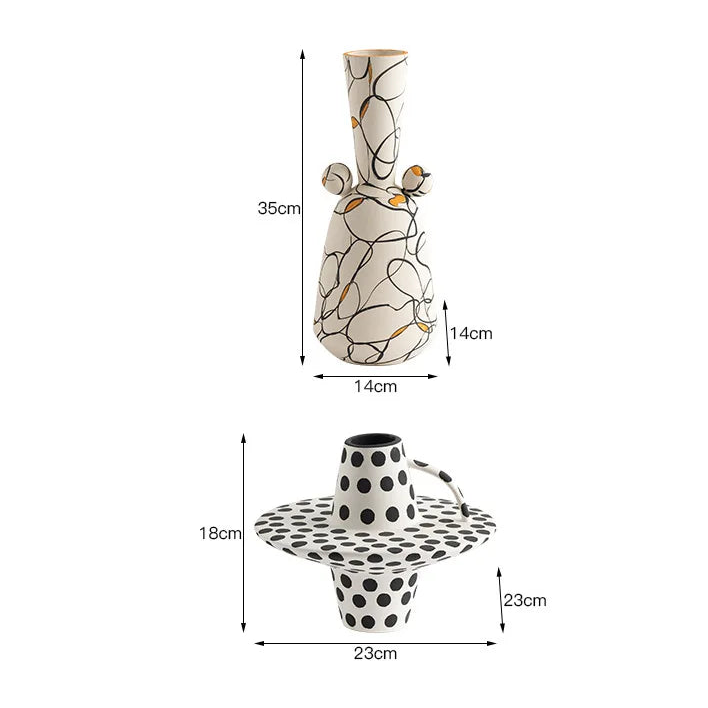 Product size chart with measurements of a decorative vase on a white background