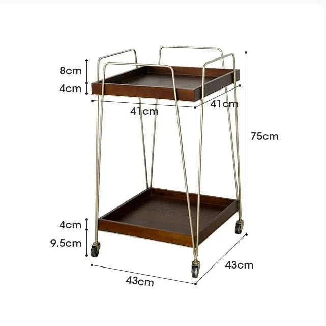 Mabel rolling wood cart dimensions showcasing its elegant design and functionality with two-tiered warm wood shelves.