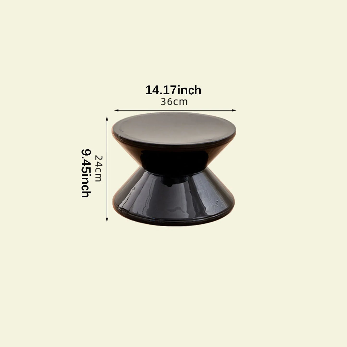 Black round stool with measurements on a beige background