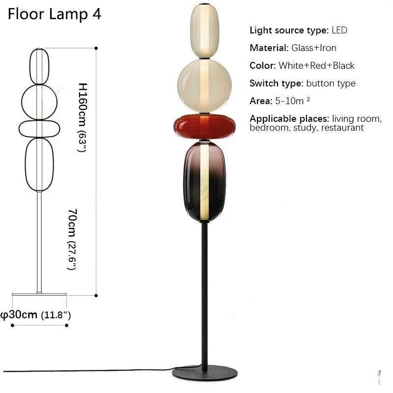 Floor lamp with multicolored glass shades and specifications on a white background