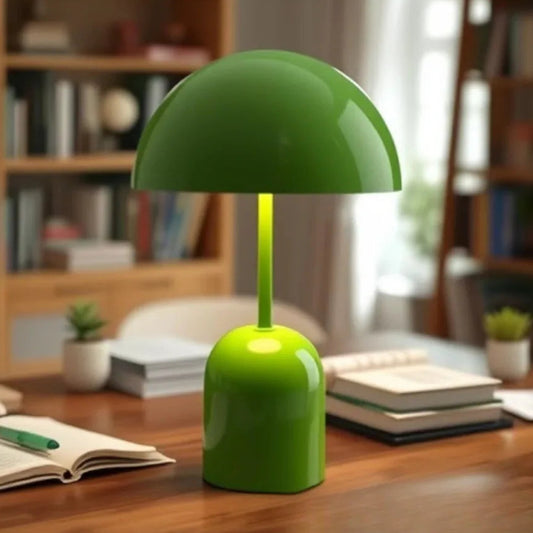 Green table lamp on a wooden desk with books and plants in the background