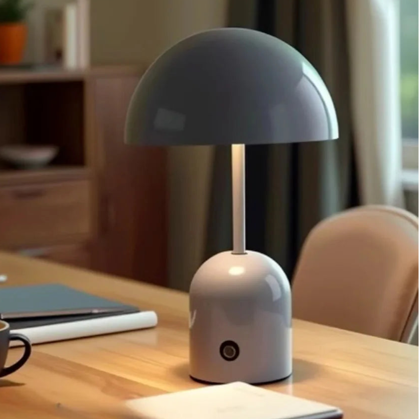 Table lamp on a desk with a cup and notebook in a home office setting