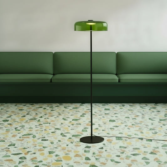 Green floor lamp with dimensions and material details on a white background