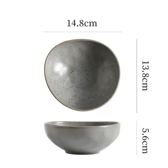 Gray ceramic bowl with dimensions and weight information on a white background