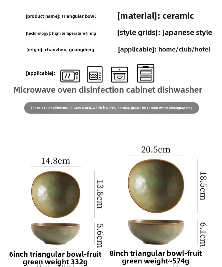 Ceramic triangular bowl with dimensions and material information on a white background