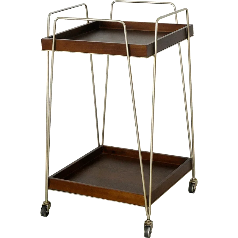 Mabel rolling wood cart with two-tiered warm wood shelves and metal framing on wheels for easy mobility.