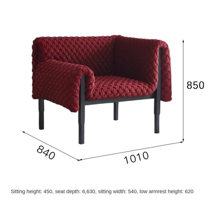 Red quilted sofa with dimensions labeled on a white background