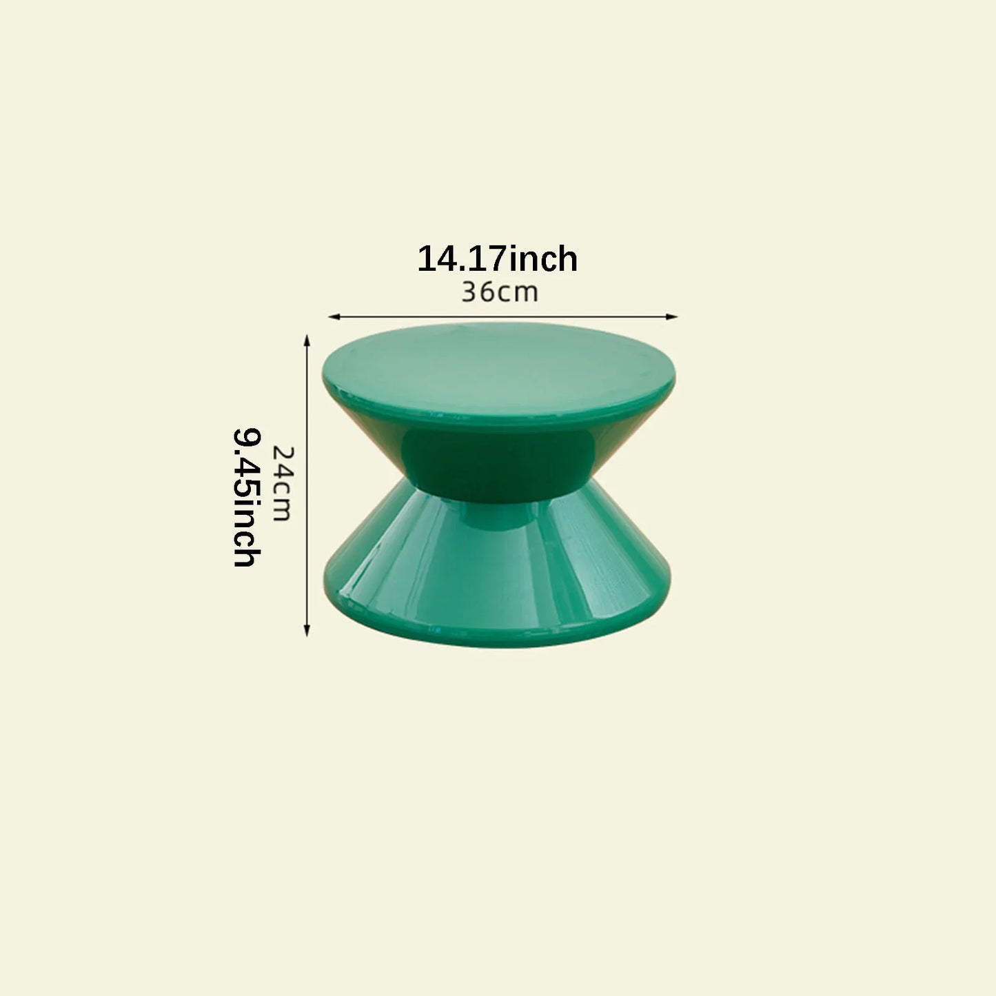 Green cylindrical object with measurements on a beige background