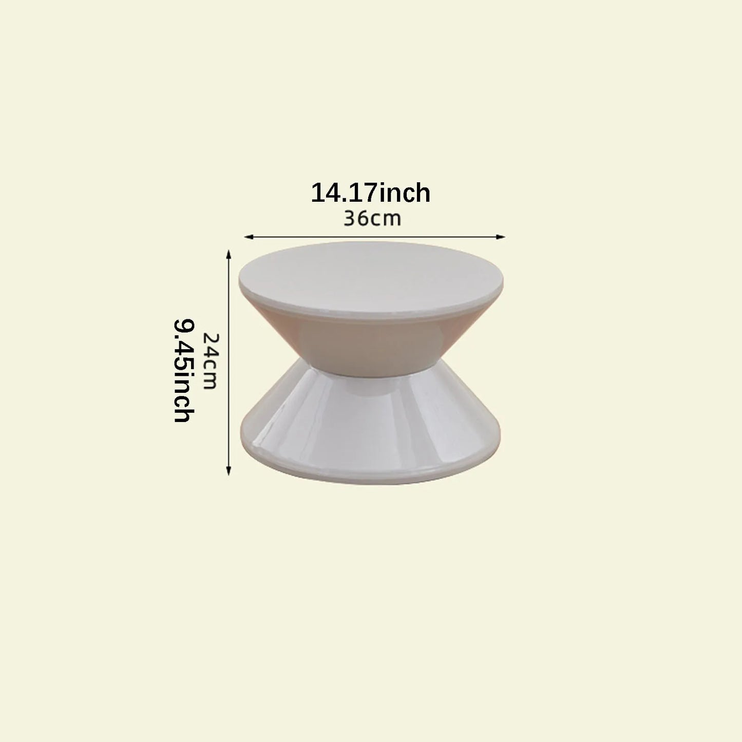 White cylindrical object with dimensions labeled on a beige background
