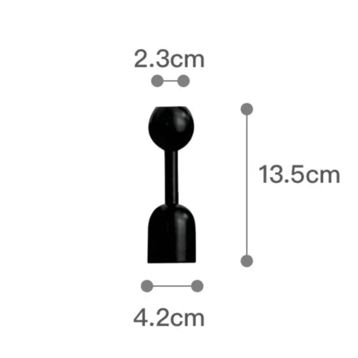 Black product with measurements labeled on a white background
