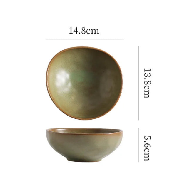 Two ceramic bowls with dimensions and weight information on a white background