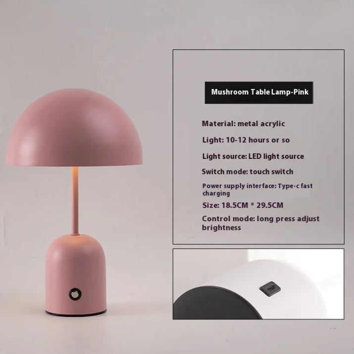 Pink mushroom table lamp with product details on a gray background