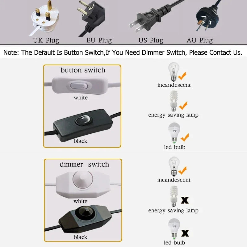Product display with different types of plugs, switches, and light bulb options on a white background.