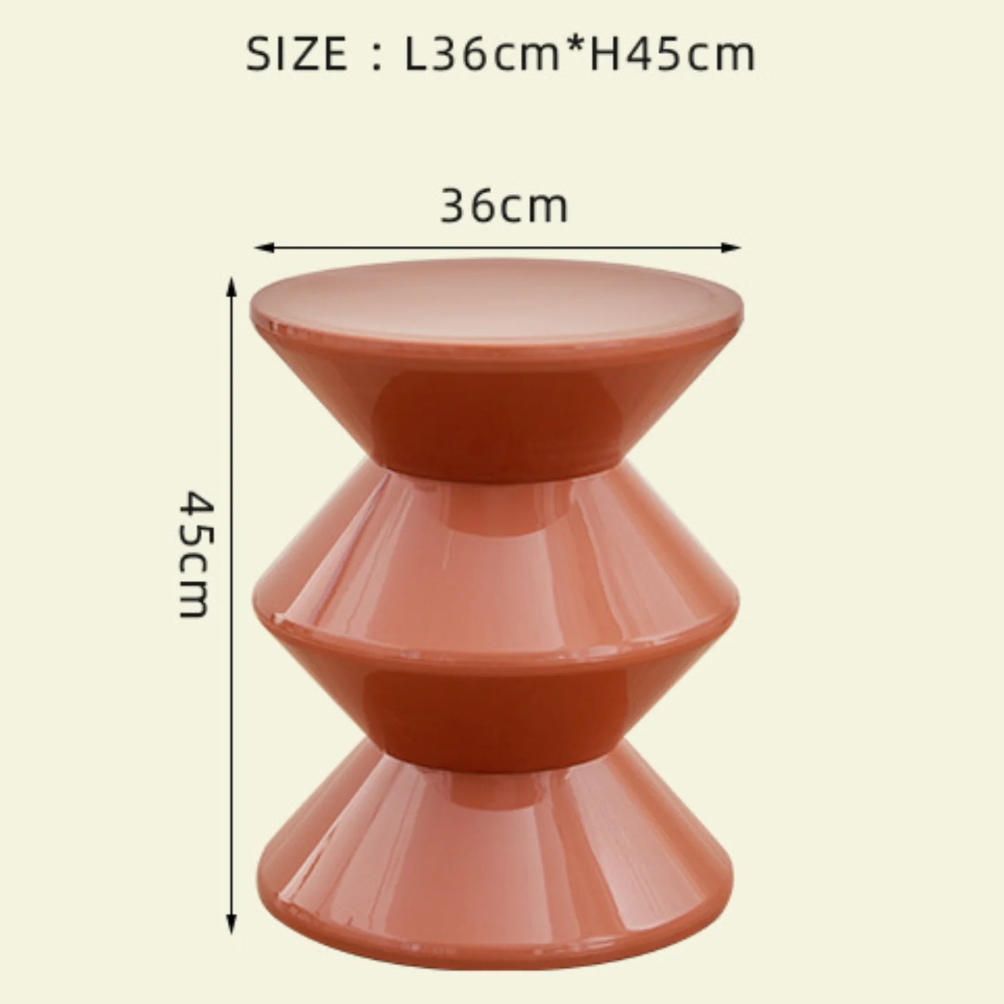 Small round stool with dimensions labeled on a beige background