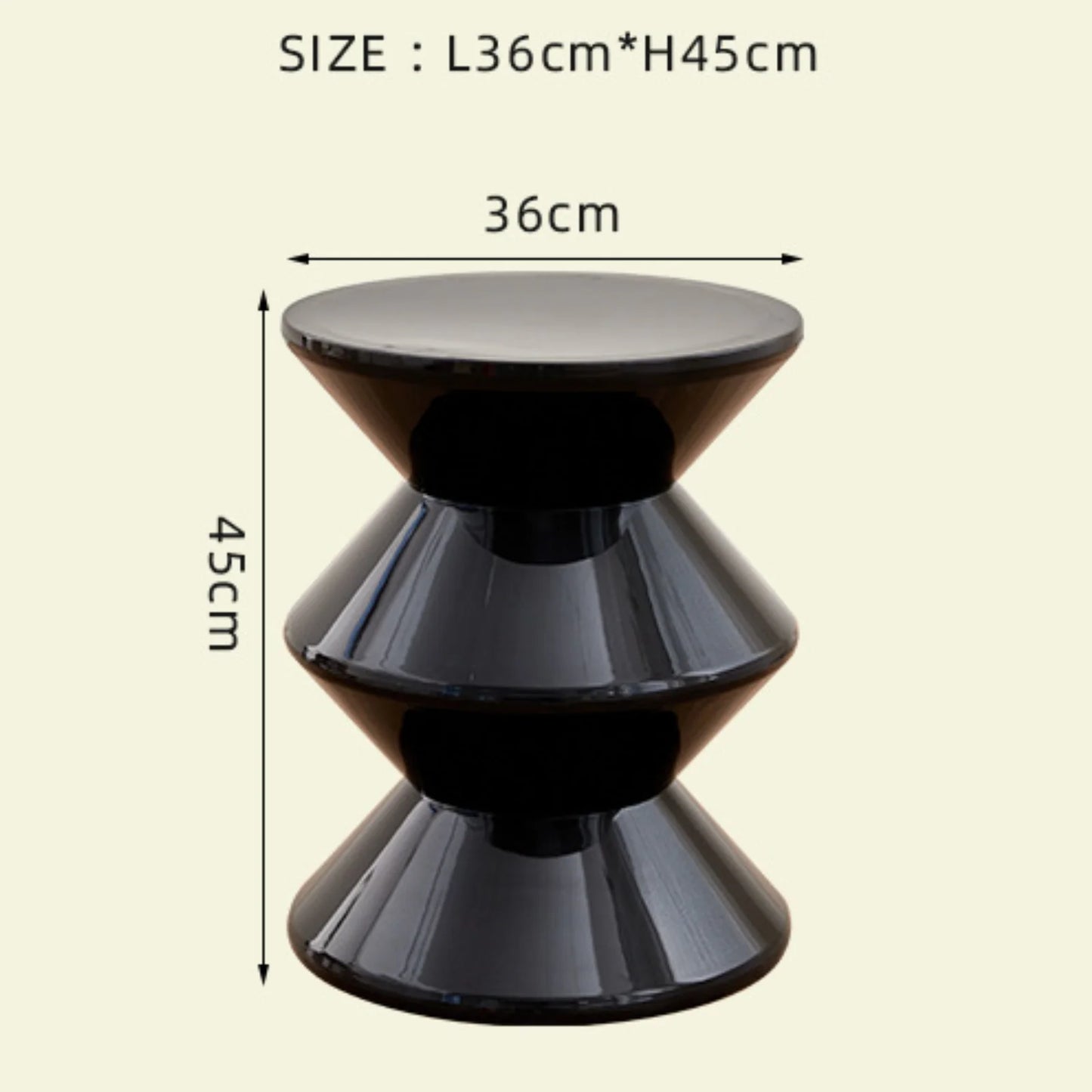 Black stool with dimensions labeled on a beige background