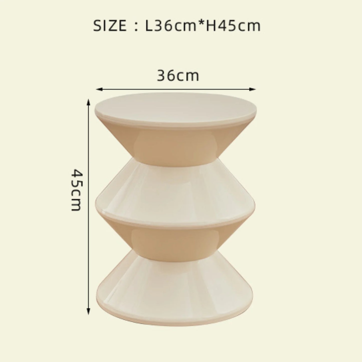 Beige side table with dimensions labeled on a beige background