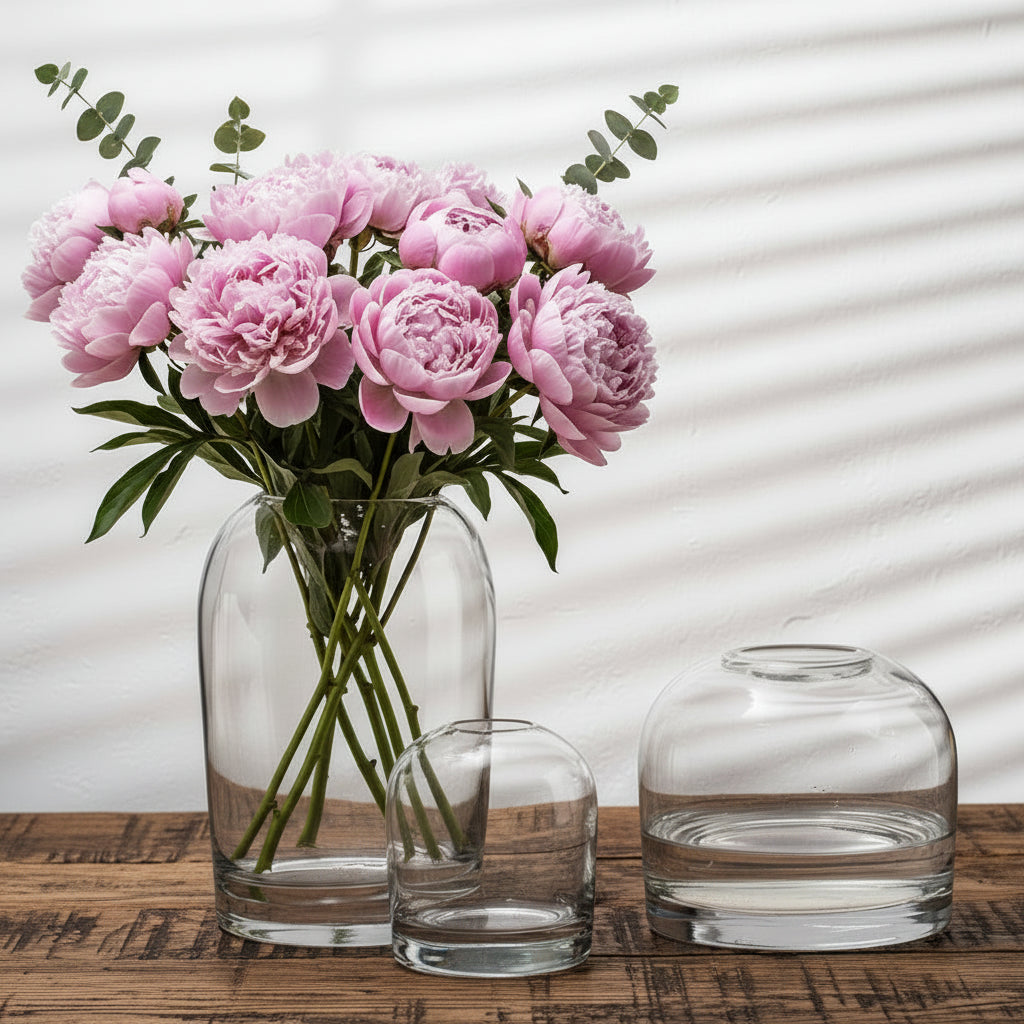 Set of clear glass vases with dried flowers on a light background