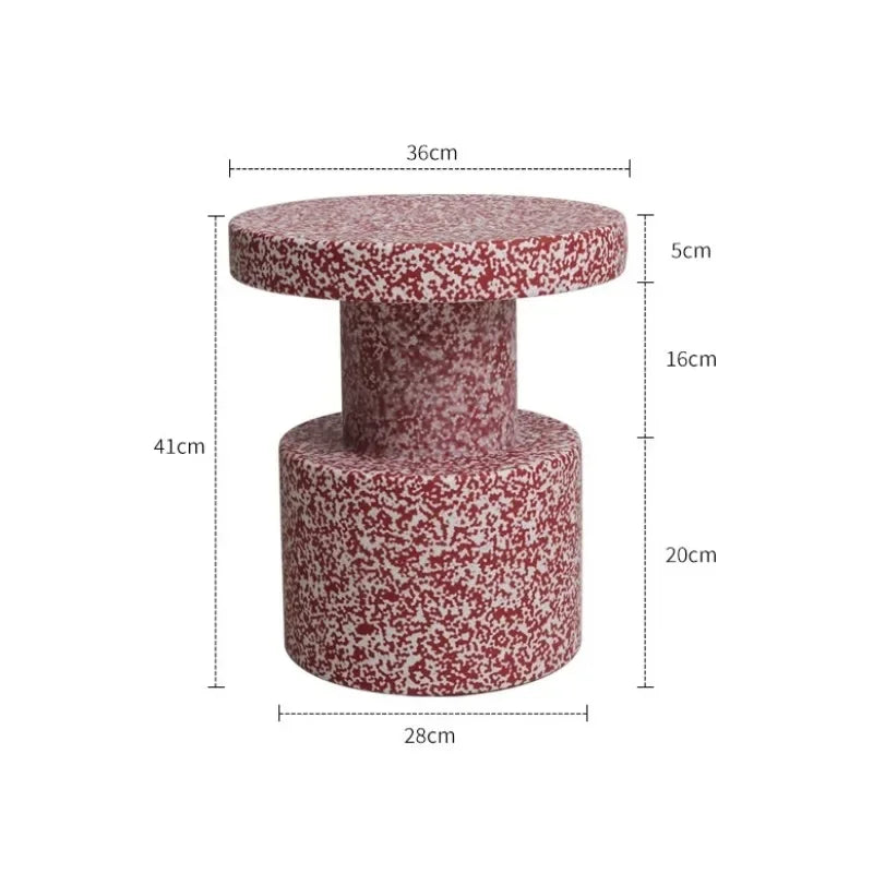 Red and white speckled stool with dimensions on a white background