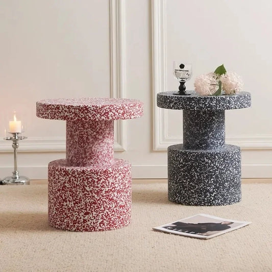 alt="Marble red terrazzo round accent table modern side table"